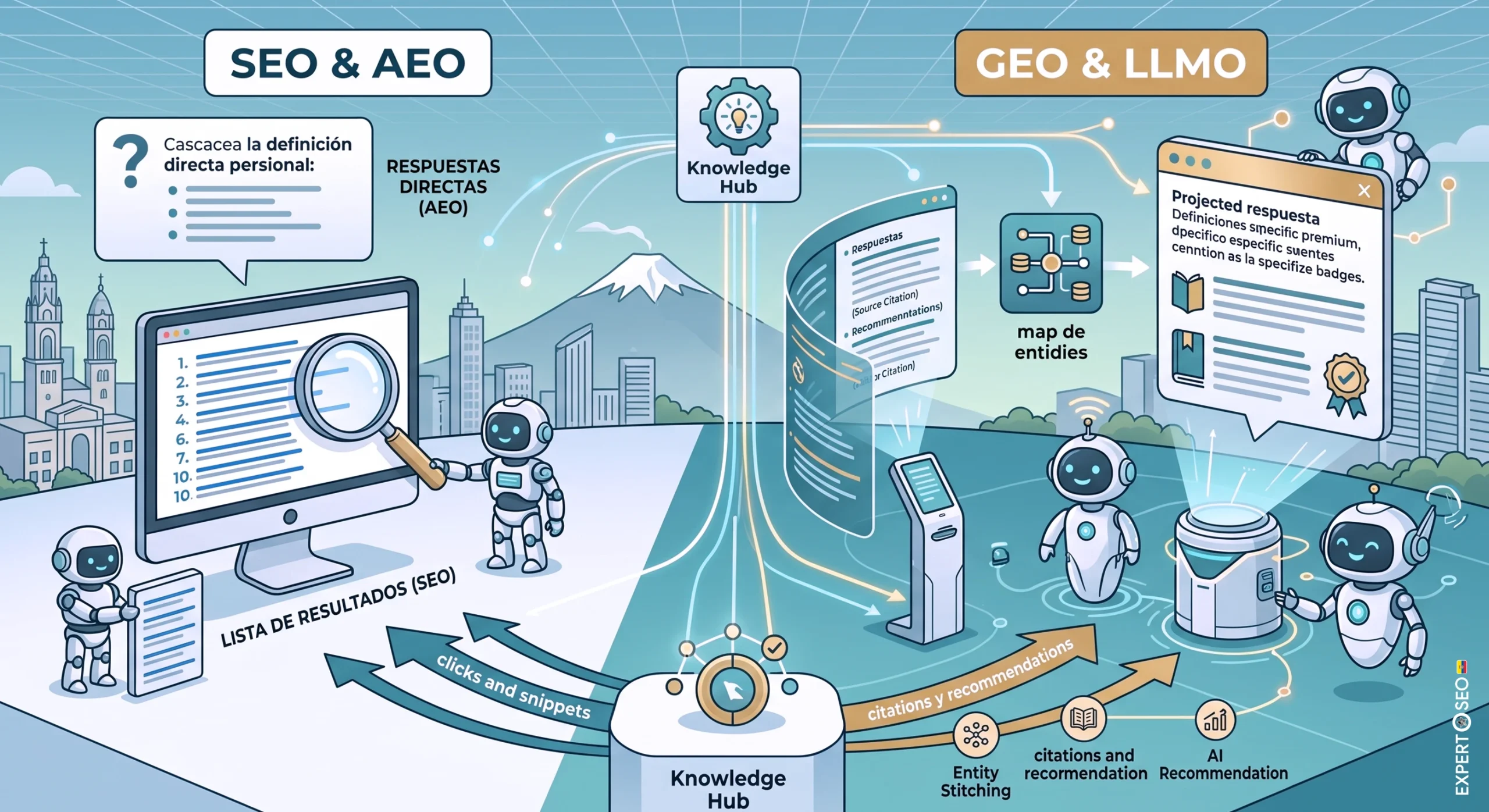 Comparación de las siglas SEO, AEO, GEO, AIO y LLMO del posicionamiento con inteligencia artificial en Ecuador