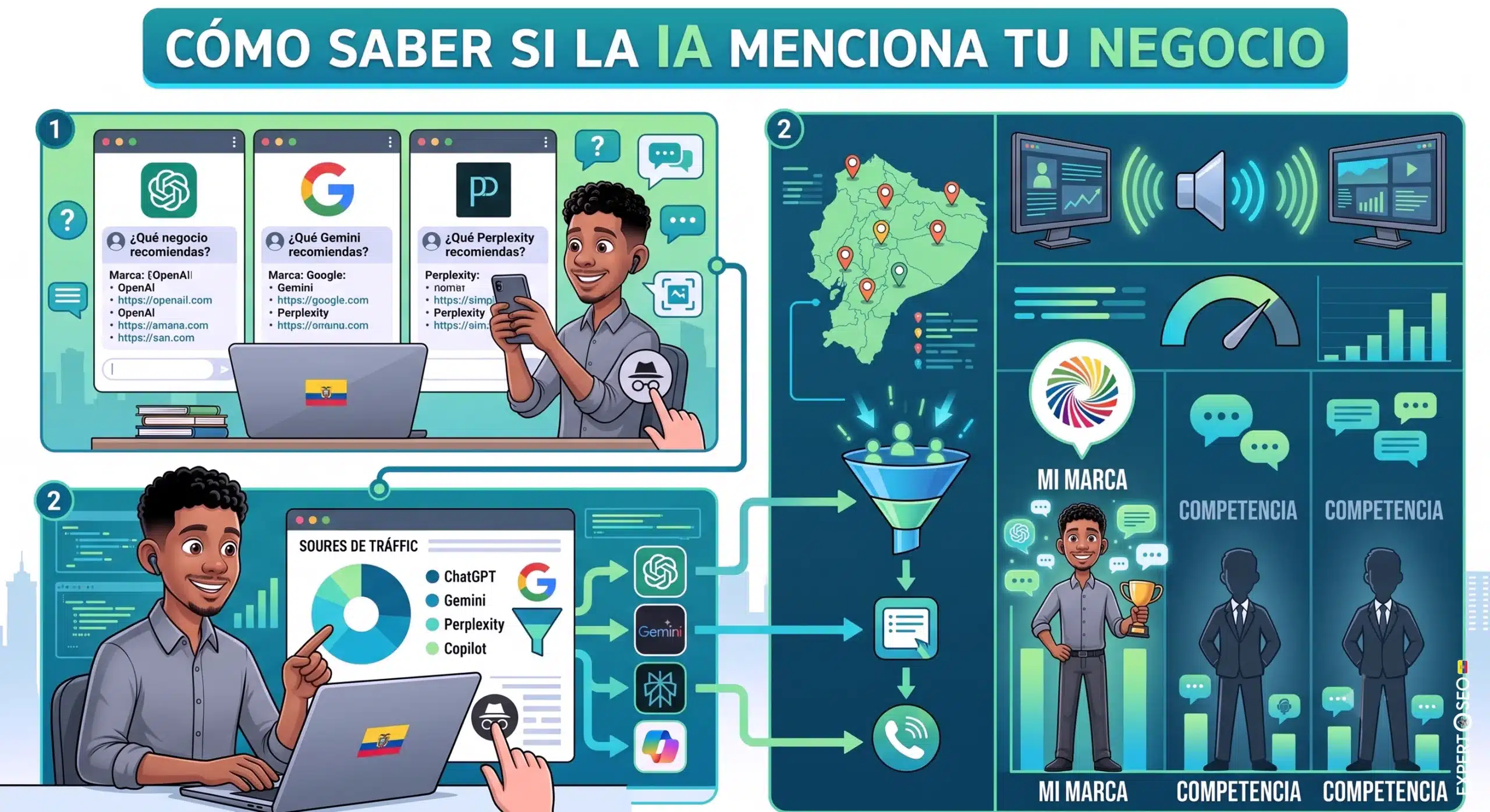Empresario comprobando si la inteligencia artificial menciona su negocio en las estadísticas de su sitio web