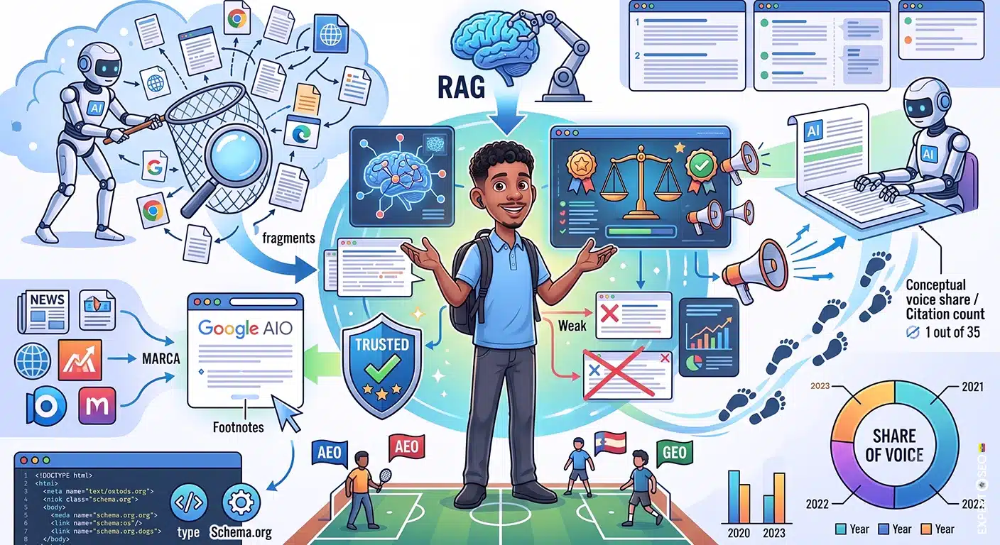 Esquema de cómo funciona RAG: la inteligencia artificial busca fuentes, elige las confiables y redacta la respuesta citándolas