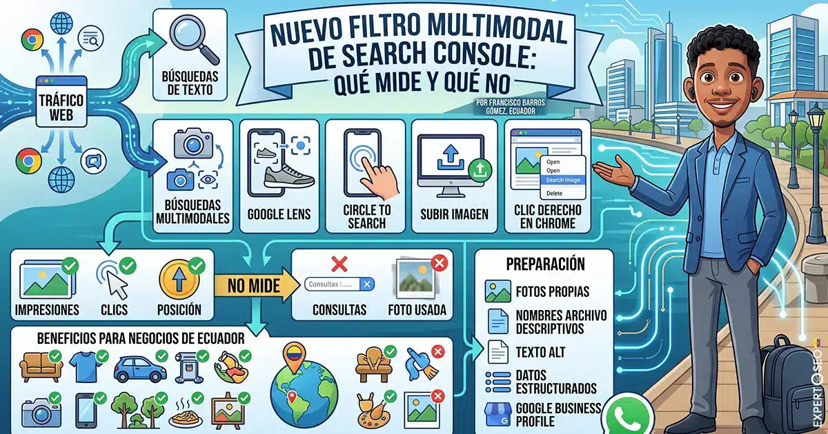 Infografía del filtro Multimodal de Search Console: búsquedas con imagen en Google Lens, Circle to Search y Chrome