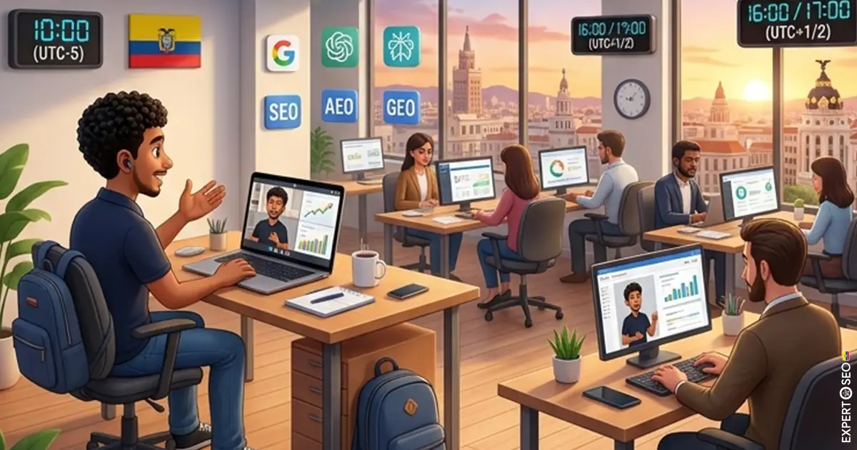 Consultor SEO de Guayaquil en videollamada con una empresa de España, como ejemplo de trabajo a distancia